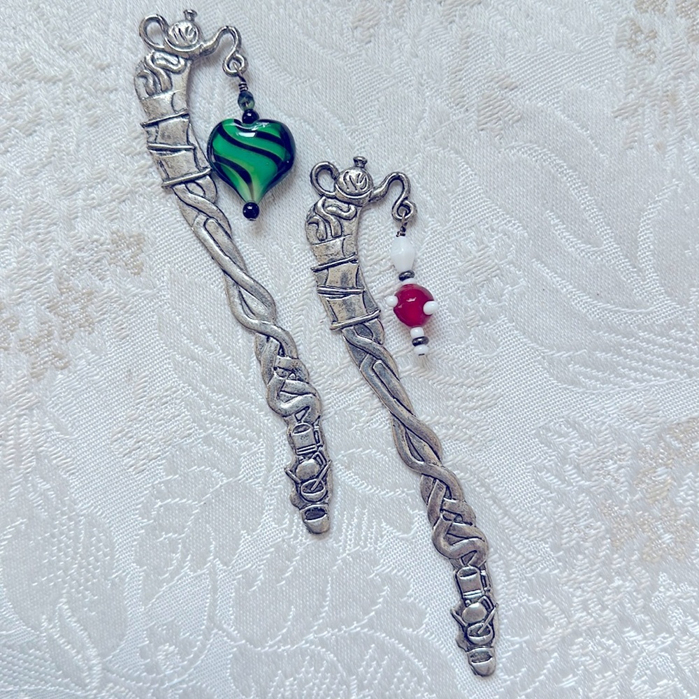 Set of Two Tea Party Bookmarks With Dangling Glass Charm